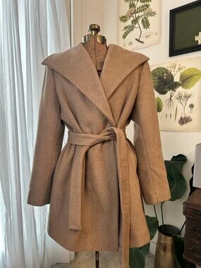 Calvin Klein Womens Camel Tan Wool Blend Wrap Coat Shawl Collar Size 14
